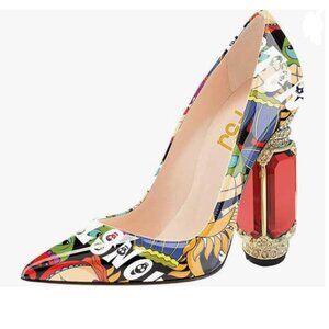 FSJ Cartoon Bridal Pointed Toe High Heel Crystal Pump Slip on Wedding Thick Shoe